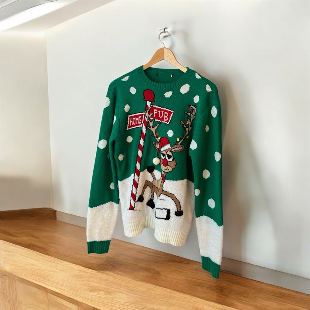 George Unisex Green REINDEER HOME PUB Sign Ugly Christmas Sweater Size Small